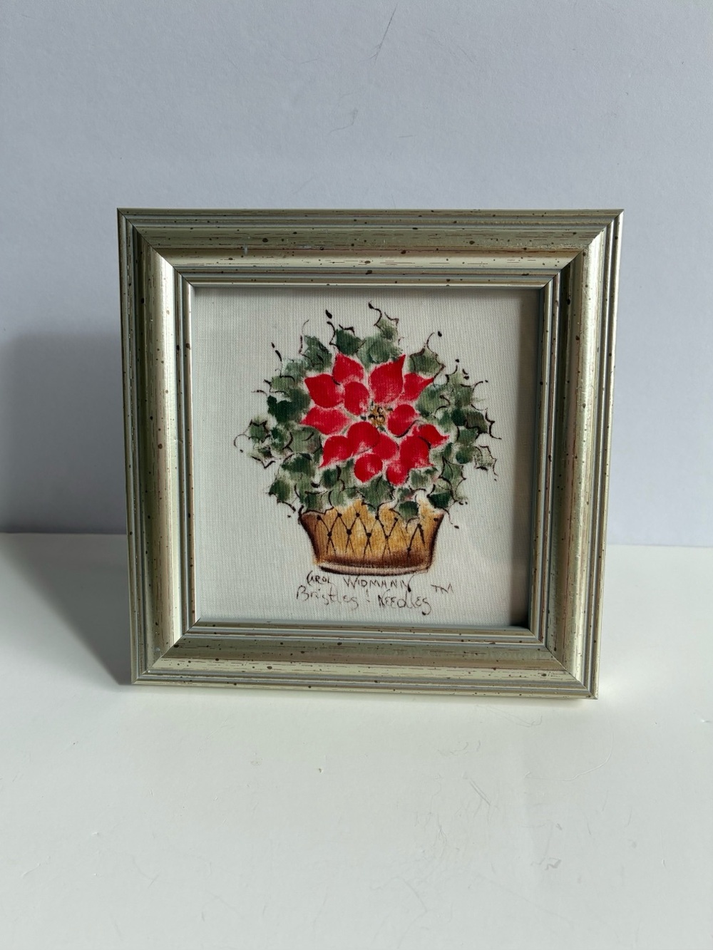 Carol Widmann Bristles & Needles Signed Framed Miniature Poinsettia Painting 5x5